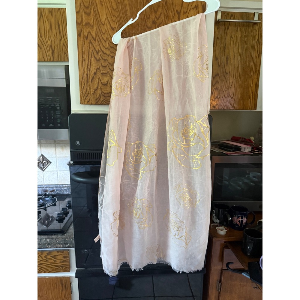 Mary Kay Pink Scarf Gold Metallic Rose Floral Sheer Lightweight WrapFringe 72x26